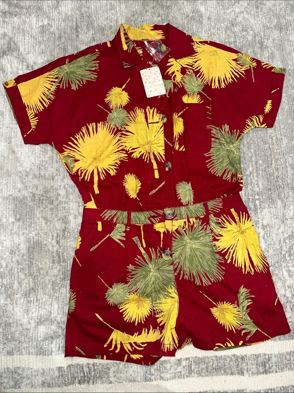 Women’s Red Floral Short Jumpsuit with Yellow & Green Print